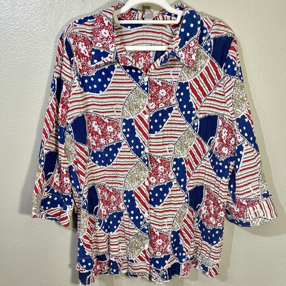 CJ Banks‎  Shirt Blouse Americana  Patchwork  Ruffles 3/4 Sleeve Women's Plus 2X